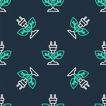 Line Electric saving plug in leaf icon isolated seamless pattern on black Stock Illustration