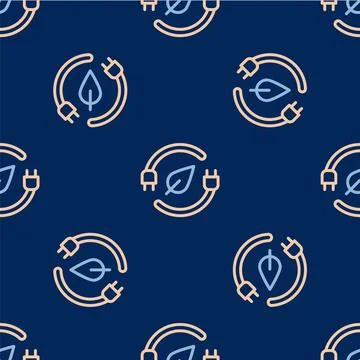 Line Electric saving plug in leaf icon isolated seamless pattern on blue Stock Illustration