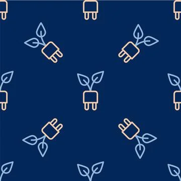 Line Electric saving plug in leaf icon isolated seamless pattern on blue Stock Illustration