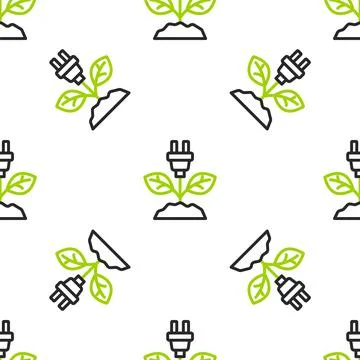Line Electric saving plug in leaf icon isolated seamless pattern on white Stockillustratie