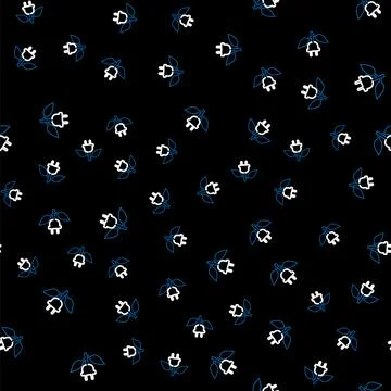 Line Electric saving plug in leaf icon isolated seamless pattern on black Stock Illustration