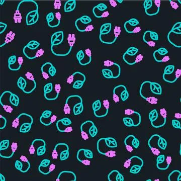 Line Electric saving plug in leaf icon isolated seamless pattern on black Stock Illustration