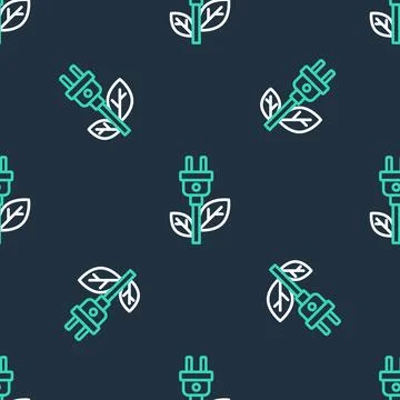 Line Electric saving plug in leaf icon isolated seamless pattern on black b.. Stock Illustration