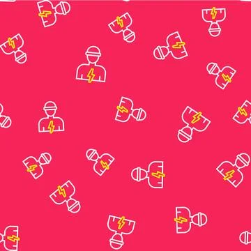 Line Electrician technician engineer icon isolated seamless pattern on red .. Illustrazione stock