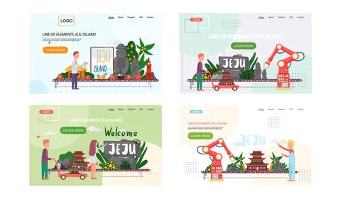 Line of elements Jeju island webpage. Dol hareubang and Hallasan mountain stone Stock Illustration