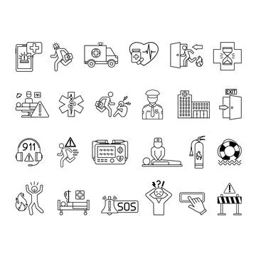 Line Emergency Icon Set. Vector Icons: Evacuation, First Aid, Defibrillator.. Stock Illustration