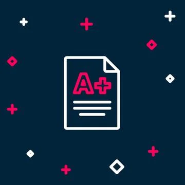 Line Exam sheet with A plus grade icon isolated on blue background. Test pa.. Stock Illustration