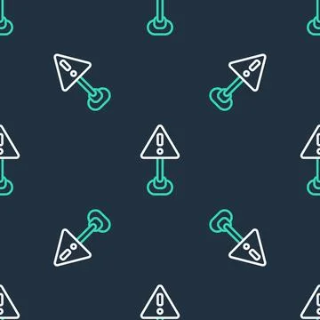 Line Exclamation mark in triangle icon isolated seamless pattern on black bac Illustrazione stock