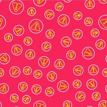 Line Exclamation mark in triangle icon isolated seamless pattern on red backg Stock Illustration