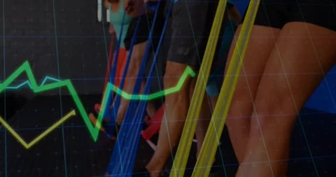 Line exercisers pressing feet, stepping back, pulling bands in gym, graph lines Stock Footage 330981141