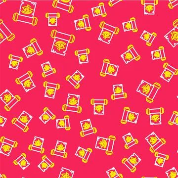 Line Eye of Horus on papyrus scroll icon isolated seamless pattern on red Stock Illustration
