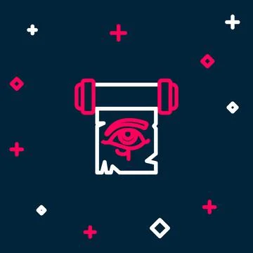 Line Eye of Horus on papyrus scroll icon isolated on blue background. Parchme Illustrazione stock