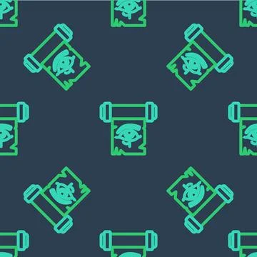 Line Eye of Horus on papyrus scroll icon isolated seamless pattern on blue .. Stock Illustration