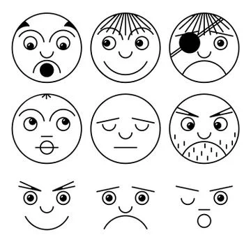 Line faces character collection isolated on white background. Simple emoji ic Stock Illustration