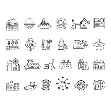 Line Factory Icon Set. Vector Icons: Production, Industry, Product, Machine.. Stock Illustration