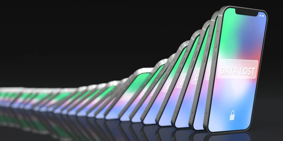 Line of falling mobile phones with DATA LOST message on the screens, domino Stock Illustration
