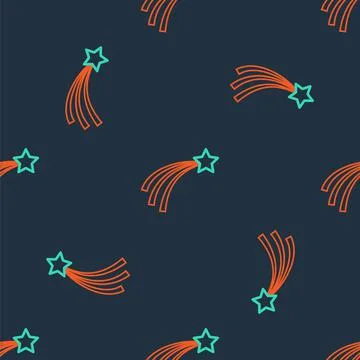 Line Falling star icon isolated seamless pattern on black background. Shooting 스톡 일러스트