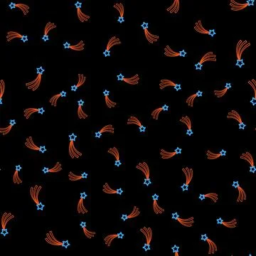 Line Falling star icon isolated seamless pattern on black background. Shooting Illustrazione stock