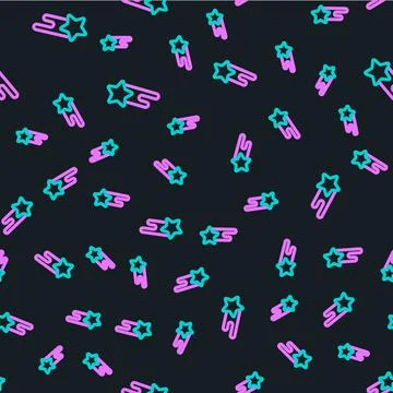 Line Falling star icon isolated seamless pattern on black background. Shooting Illustrazione stock