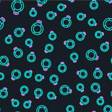 Line Fantasy magic stone ring with gem icon isolated seamless pattern on black Stock Illustration