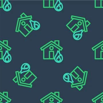 Line Fire in burning house icon isolated seamless pattern on blue background Stock Illustration