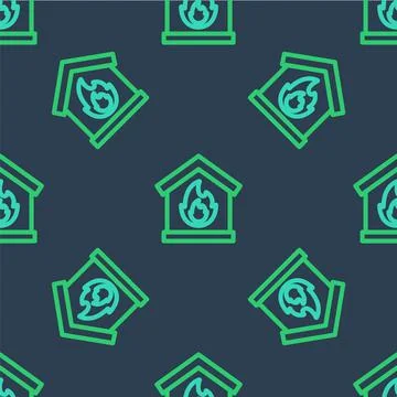Line Fire in burning house icon isolated seamless pattern on blue background Illustrazione stock