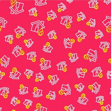 Line Fire in burning house icon isolated seamless pattern on red background.  스톡 일러스트