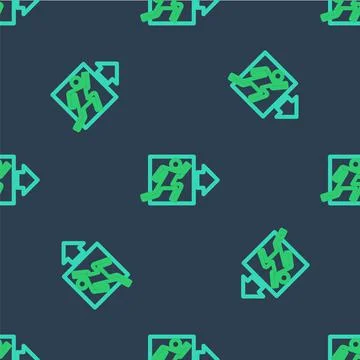 Line Fire exit icon isolated seamless pattern on blue background. Fire emergency Stockillustratie
