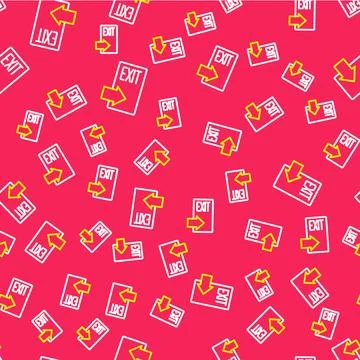 Line Fire exit icon isolated seamless pattern on red background. Fire emergen 库存插图