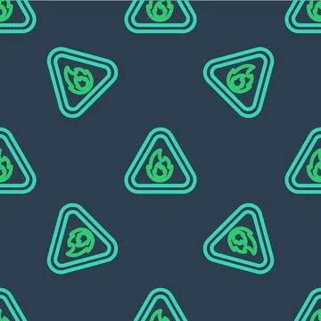 Line Fire flame in triangle icon isolated seamless pattern on blue background Illustrazione stock