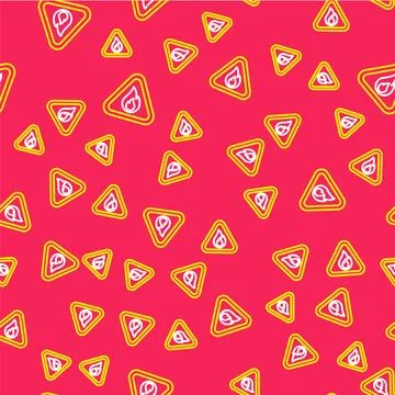 Line Fire flame in triangle icon isolated seamless pattern on red background Stock Illustration