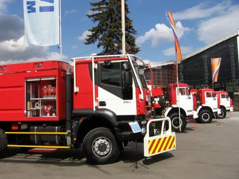 Line of fire trucks Stock Photos
