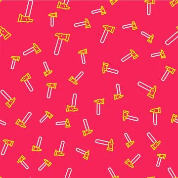 Line Firefighter axe icon isolated seamless pattern on red background. Fire axe 库存插图