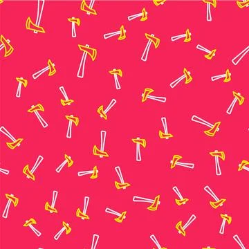 Line Firefighter axe icon isolated seamless pattern on red background. Fire axe Stock Illustration