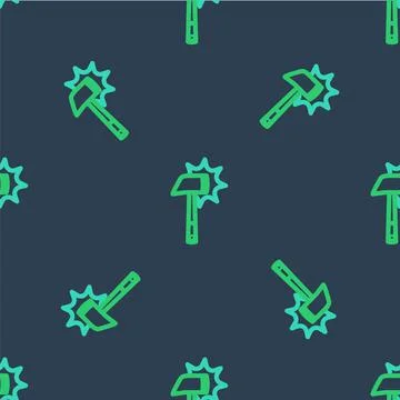 Line Firefighter axe icon isolated seamless pattern on blue background. Fire axe Stockillustratie