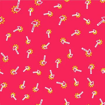 Line Firefighter axe icon isolated seamless pattern on red background. Fire axe 스톡 일러스트