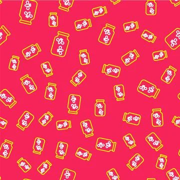 Line Fireflies bugs in a jar icon isolated seamless pattern on red background イラスト素材