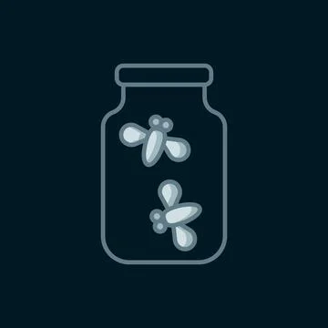 Line Fireflies bugs in a jar icon isolated on black background. Flat filled.. Stock Illustration