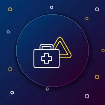 Line First aid kit and warning triangle icon isolated on blue background. M.. Stock Illustration