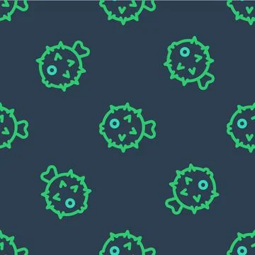 Line Fish hedgehog icon isolated seamless pattern on blue background. Vector Stock Illustration