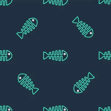 Line Fish skeleton icon isolated seamless pattern on black background. Fish bone Stock Illustration