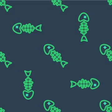 Line Fish skeleton icon isolated seamless pattern on blue background. Fish bone Stock Illustration