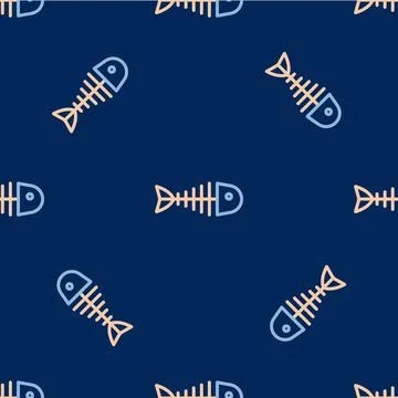 Line Fish skeleton icon isolated seamless pattern on blue background. Fish bone Stock Illustration
