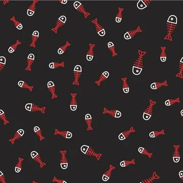 Line Fish skeleton icon isolated seamless pattern on black background. Fish b Illustrazione stock