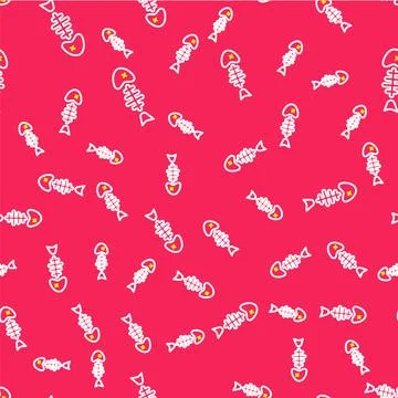 Line Fish skeleton icon isolated seamless pattern on red background. Fish b.. Stock Illustration