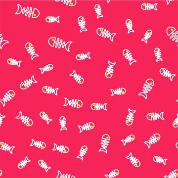 Line Fish skeleton icon isolated seamless pattern on red background. Fish b.. Illustrazione stock