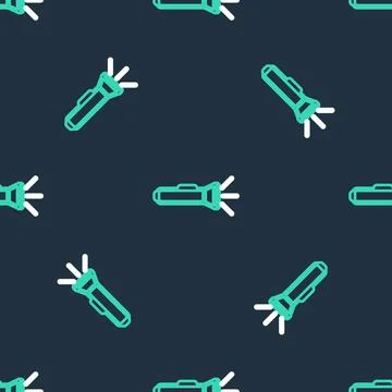 Line Flashlight icon isolated seamless pattern on black background. Vector 스톡 일러스트