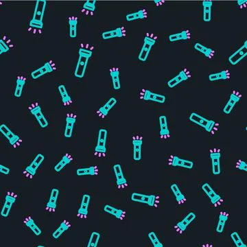 Line Flashlight icon isolated seamless pattern on black background. Vector Stock Illustration