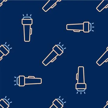 Line Flashlight icon isolated seamless pattern on blue background. Vector Stock Illustration