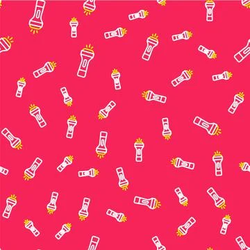 Line Flashlight icon isolated seamless pattern on red background. Vector 스톡 일러스트